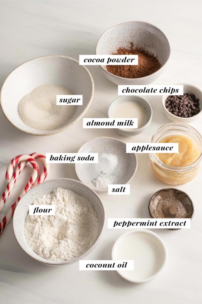 Visual of ingredients for making vegan chocolate peppermint cookies.