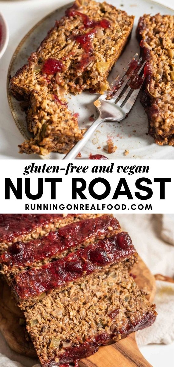 Pinterest graphic with an image and text for vegan nut roast.