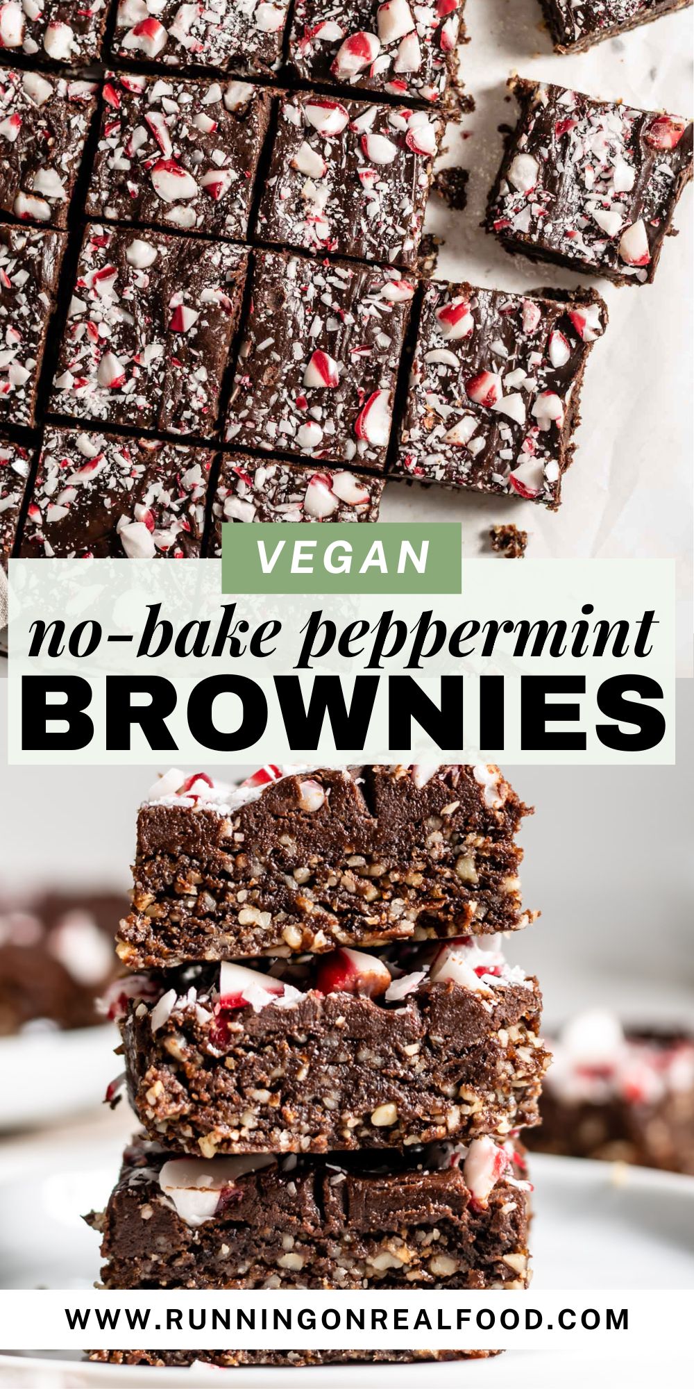 Two images of chocolate peppermint brownies with candy canes crushed on top with some text in the middle that reads "vegan no-bake peppermint brownies".