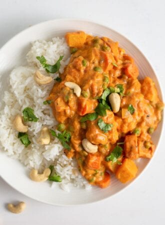 Overhead view of a bowl of korma and rice topped with cilantro and cashews.
