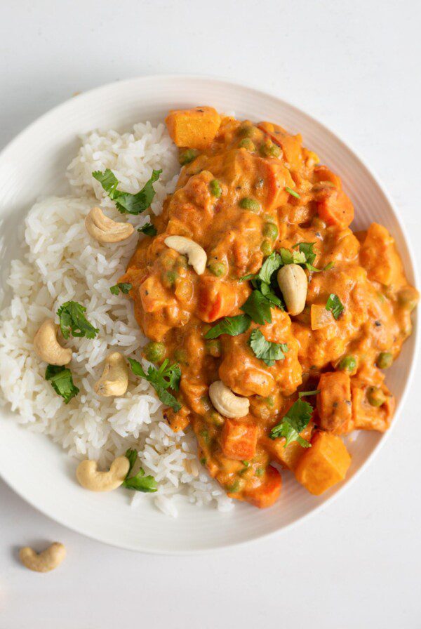 Overhead view of a bowl of korma and rice topped with cilantro and cashews.