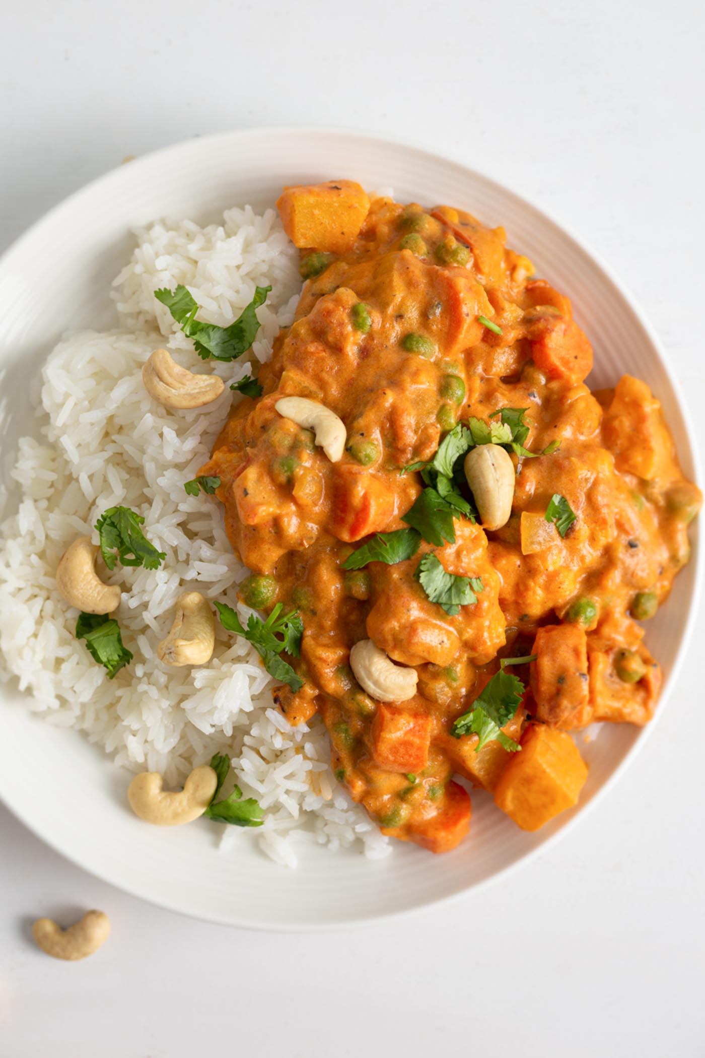 A bowl of creamy vegetable korma and rice topped with cilantro and cashews.