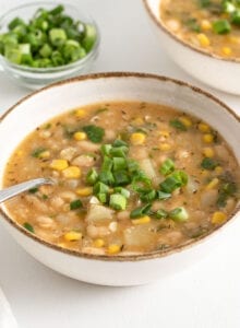 Bowl of white chili topped with sliced scallions.