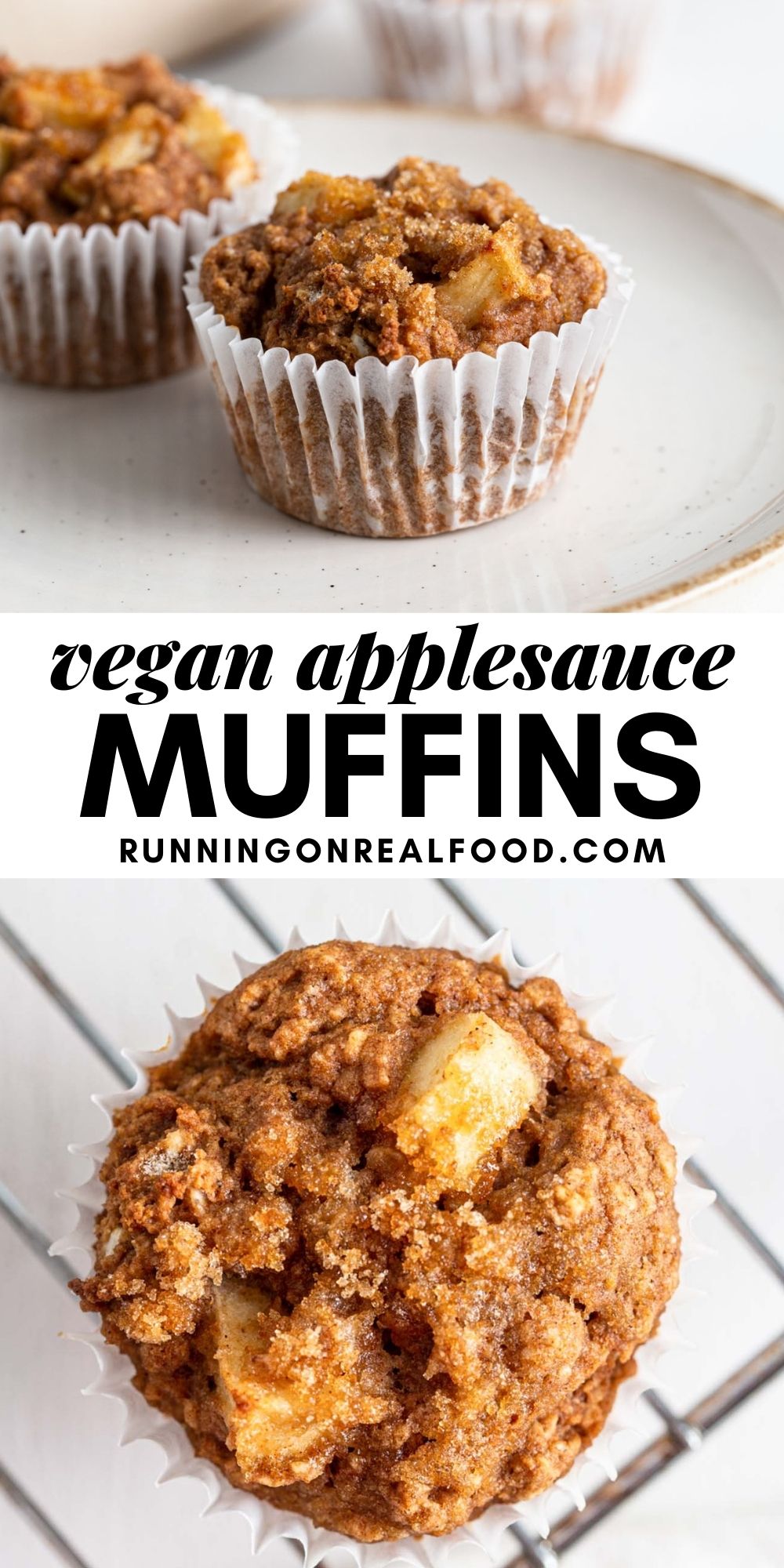 Pinterest graphic with an image and text for cinnamon applesauce muffins.