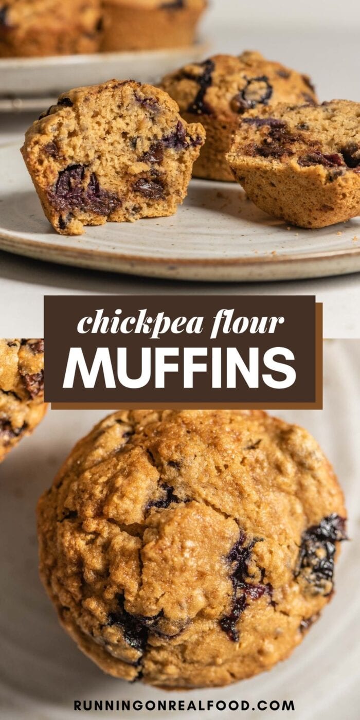 Pinterest graphic with an image and text for chickpea flour muffins.