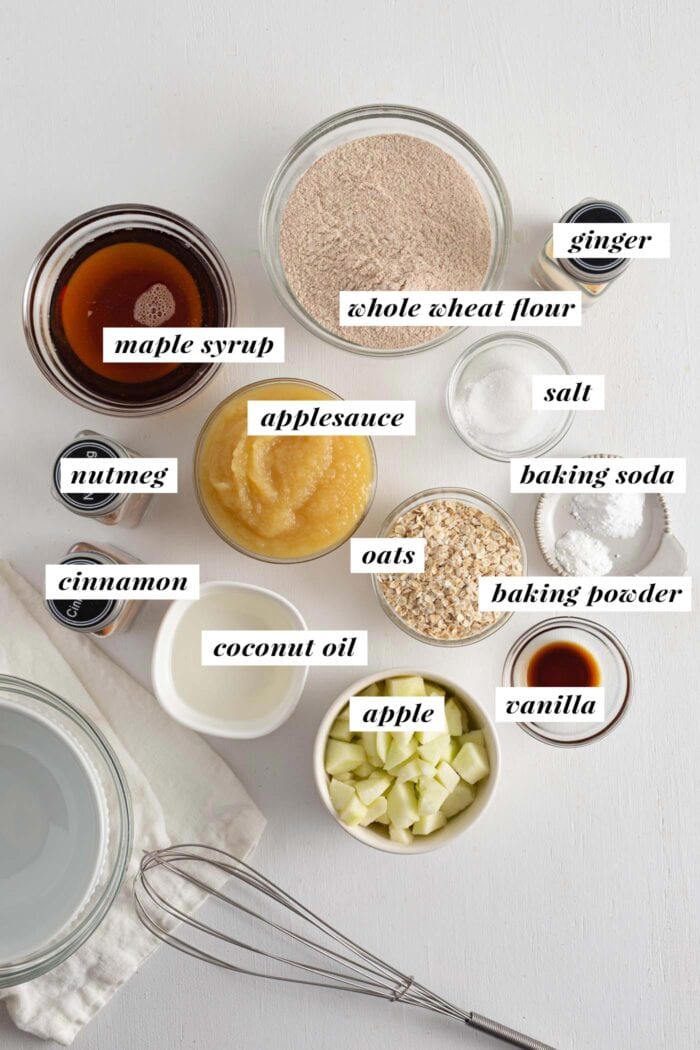 Visual of ingredients needed for making applesauce muffins. Each ingredient is labelled with text overlay.