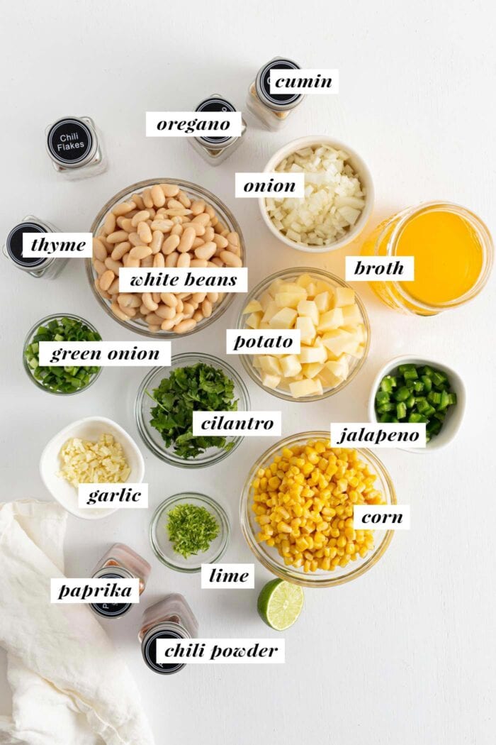 All ingredients needed for making white bean chili, each labelled with text.