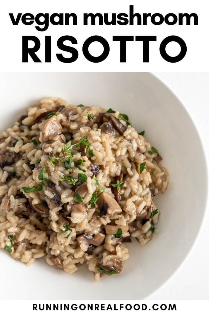 Pinterest graphic with an image and text for vegan mushroom risotto.