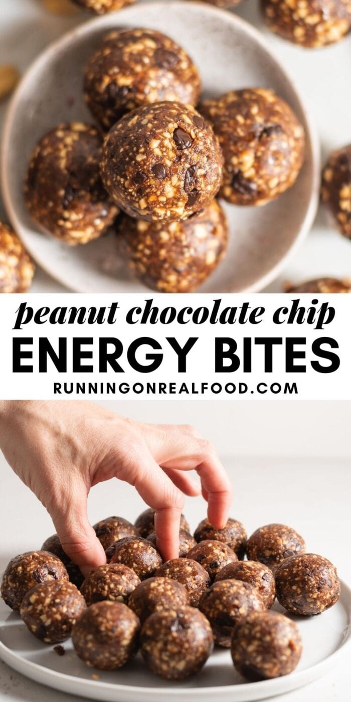Pinterest graphic with an image and text for chocolate chip energy balls.