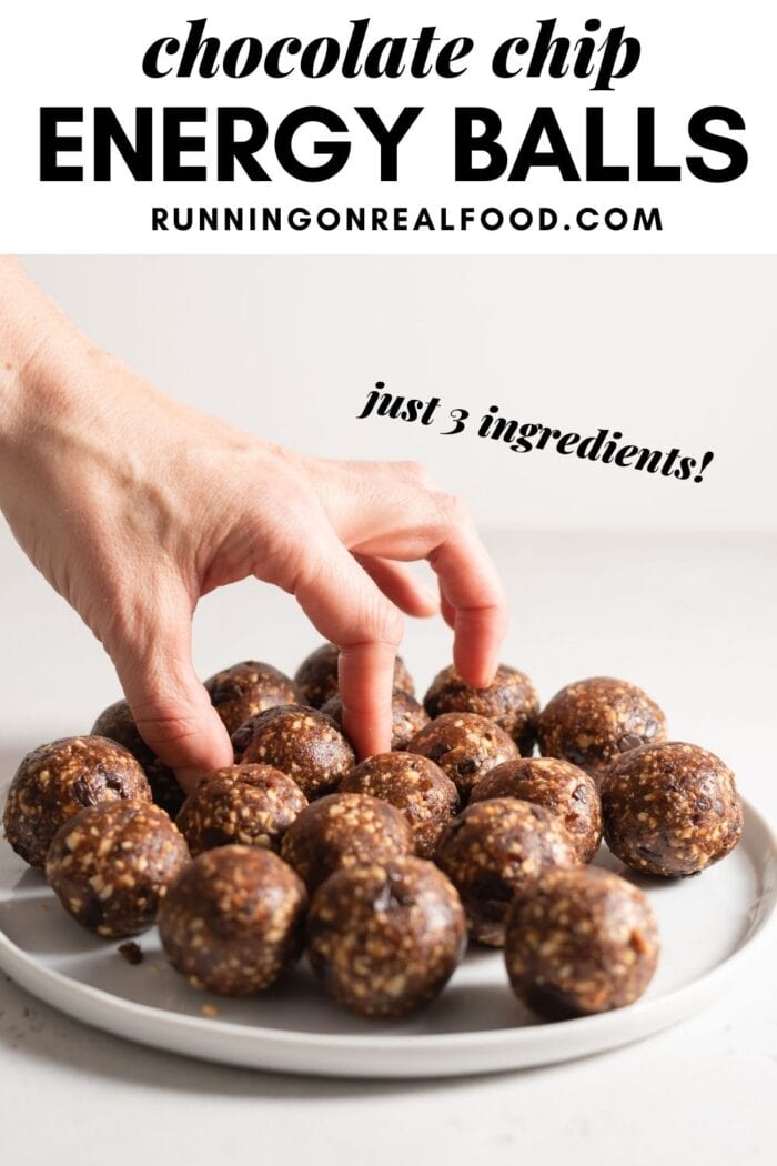 Pinterest graphic with an image and text for chocolate chip energy balls.