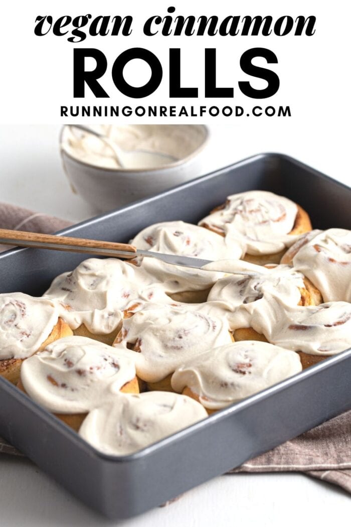 Pinterest graphic with an image and text for vegan cinnamon rolls.
