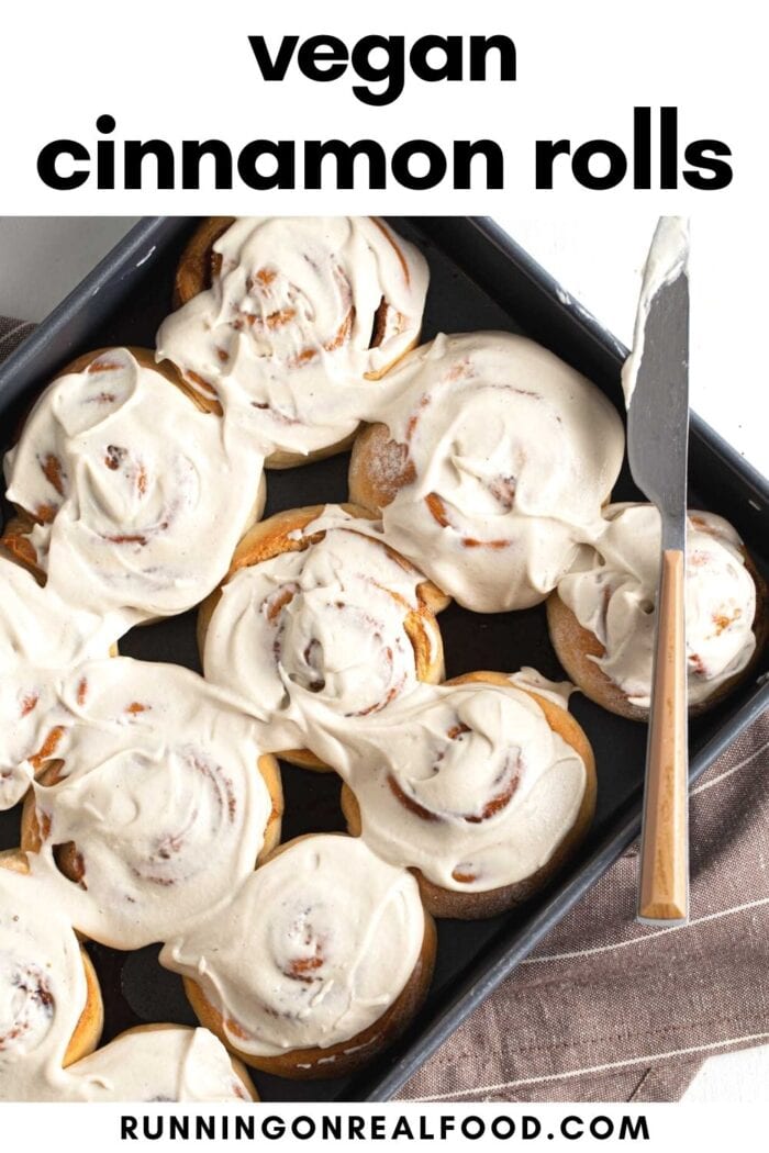 Pinterest graphic with an image and text for vegan cinnamon rolls.