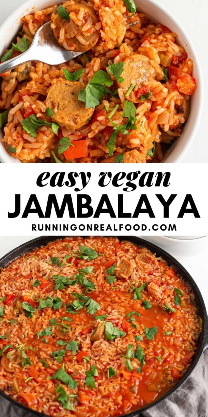 Pinterest graphic with an image and text for vegan jambalaya.