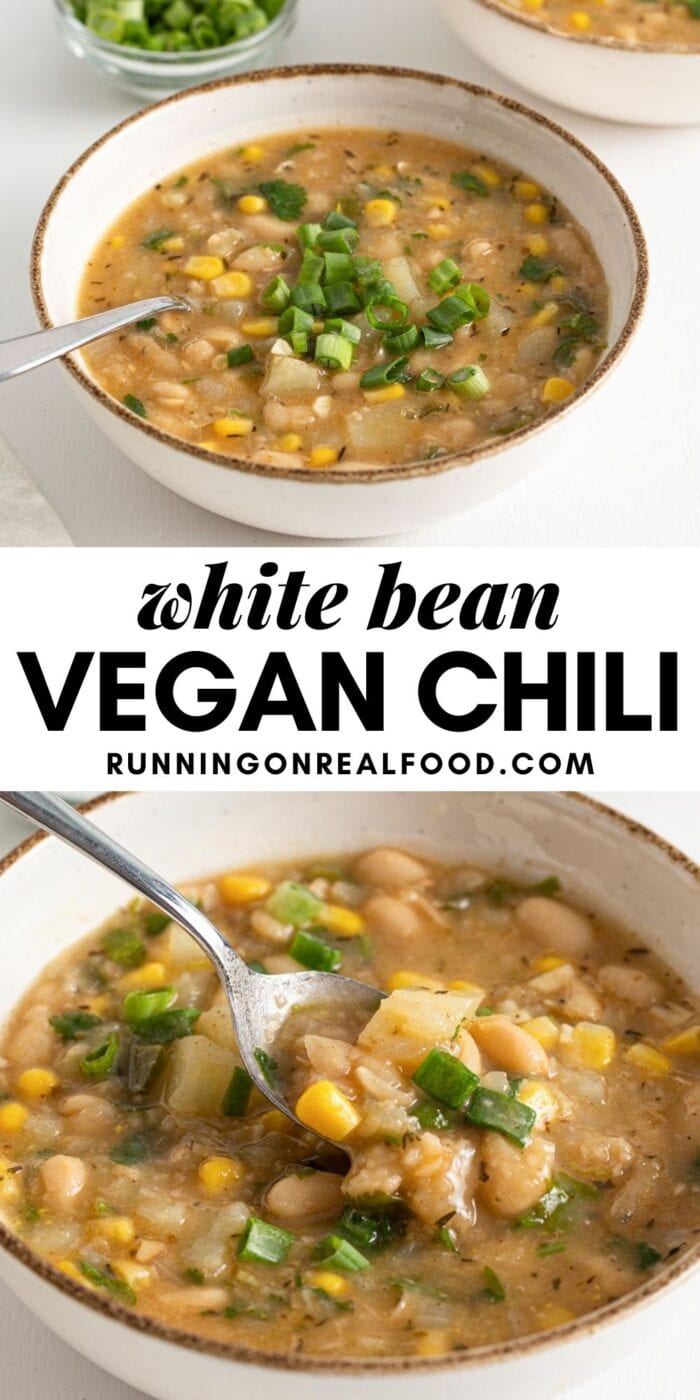 Pinterest graphic with an image and text for white bean vegan chili.