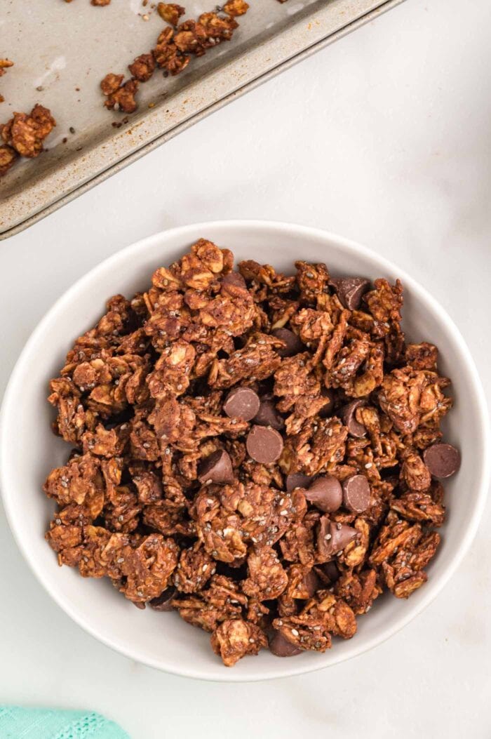 Overhead view of chocolate chip granola in a bowl.