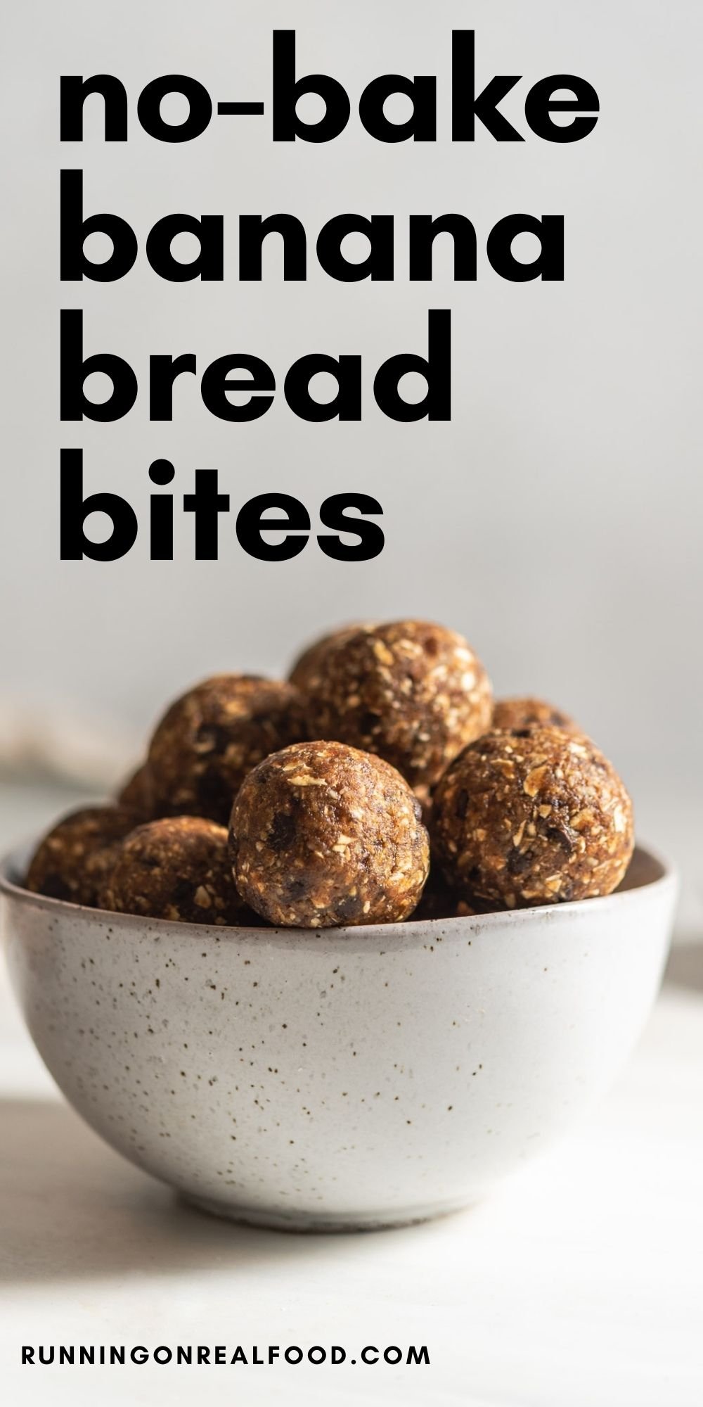 Pinterest graphic with an image and text for banana bread balls.