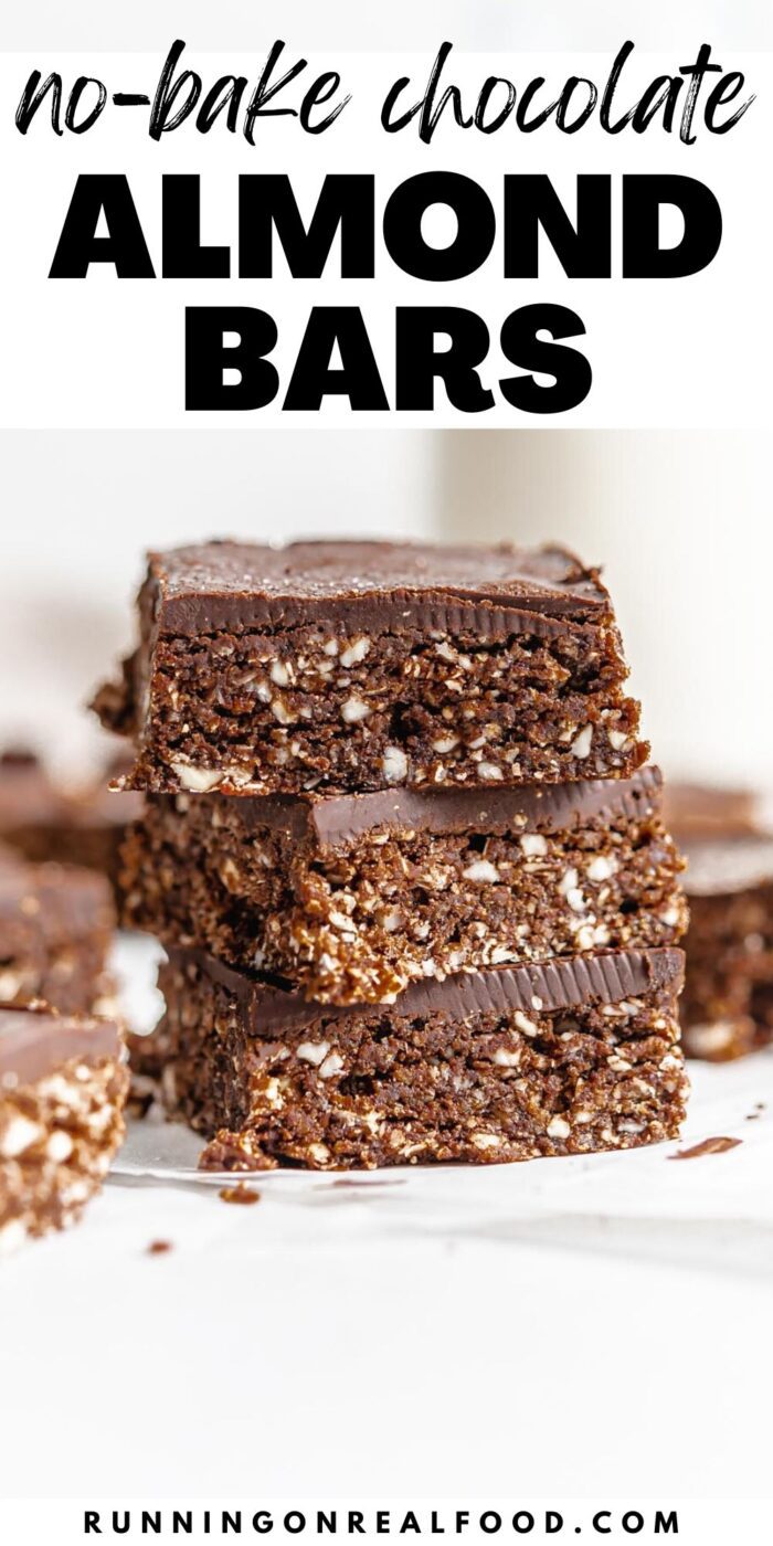 Pinterest graphic for no-bake chocolate almond bars with an image of the bars and a stylized text title overlay.
