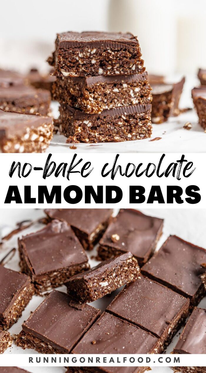 Pinterest graphic for no-bake chocolate almond bars with images of the bars and a stylized text title overlay.