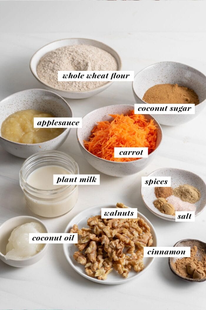 Visual of ingredients for making healthy carrot cake muffins. Each ingredient is labelled with text.