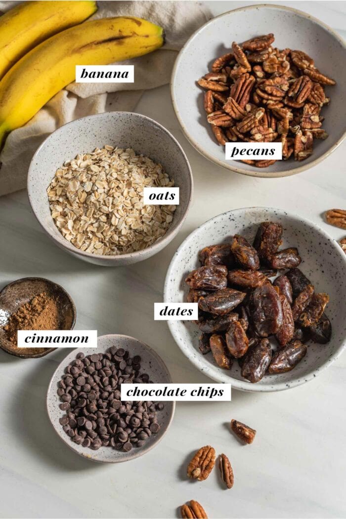 Visual of all ingredients needed for making no-bake banana bread balls. Each ingredient is labelled with text.