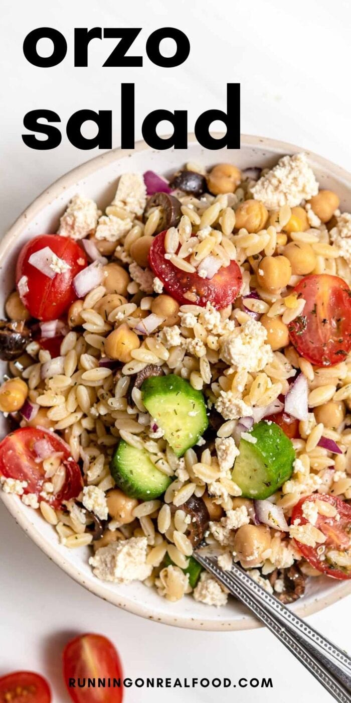 Pinterest graphic with an image and text for a orzo salad recipe.