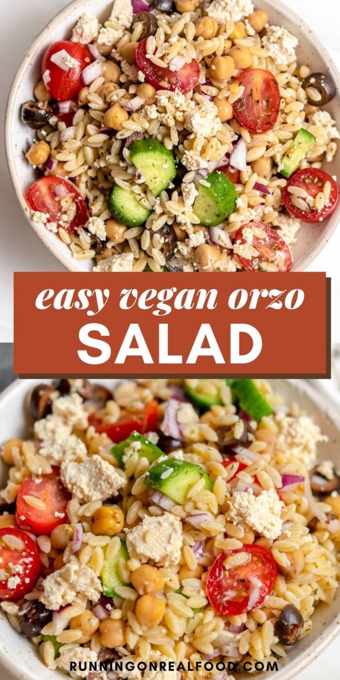 Pinterest graphic with an image and text for a orzo salad recipe.