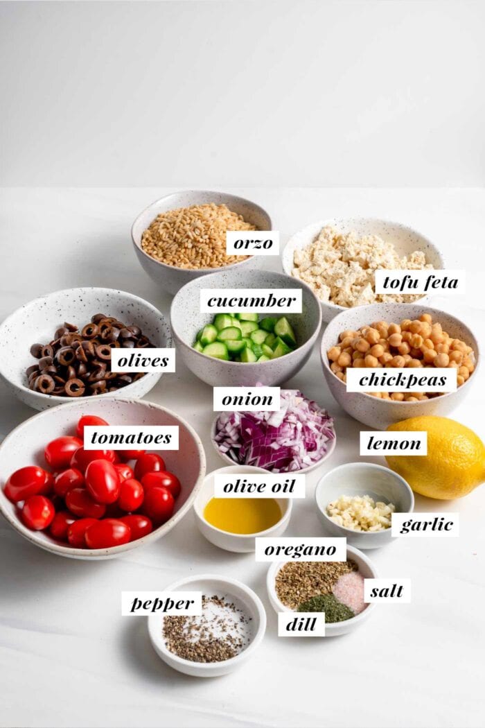 Visual of ingredients needed for making an orzo salad labelled with text overlay.