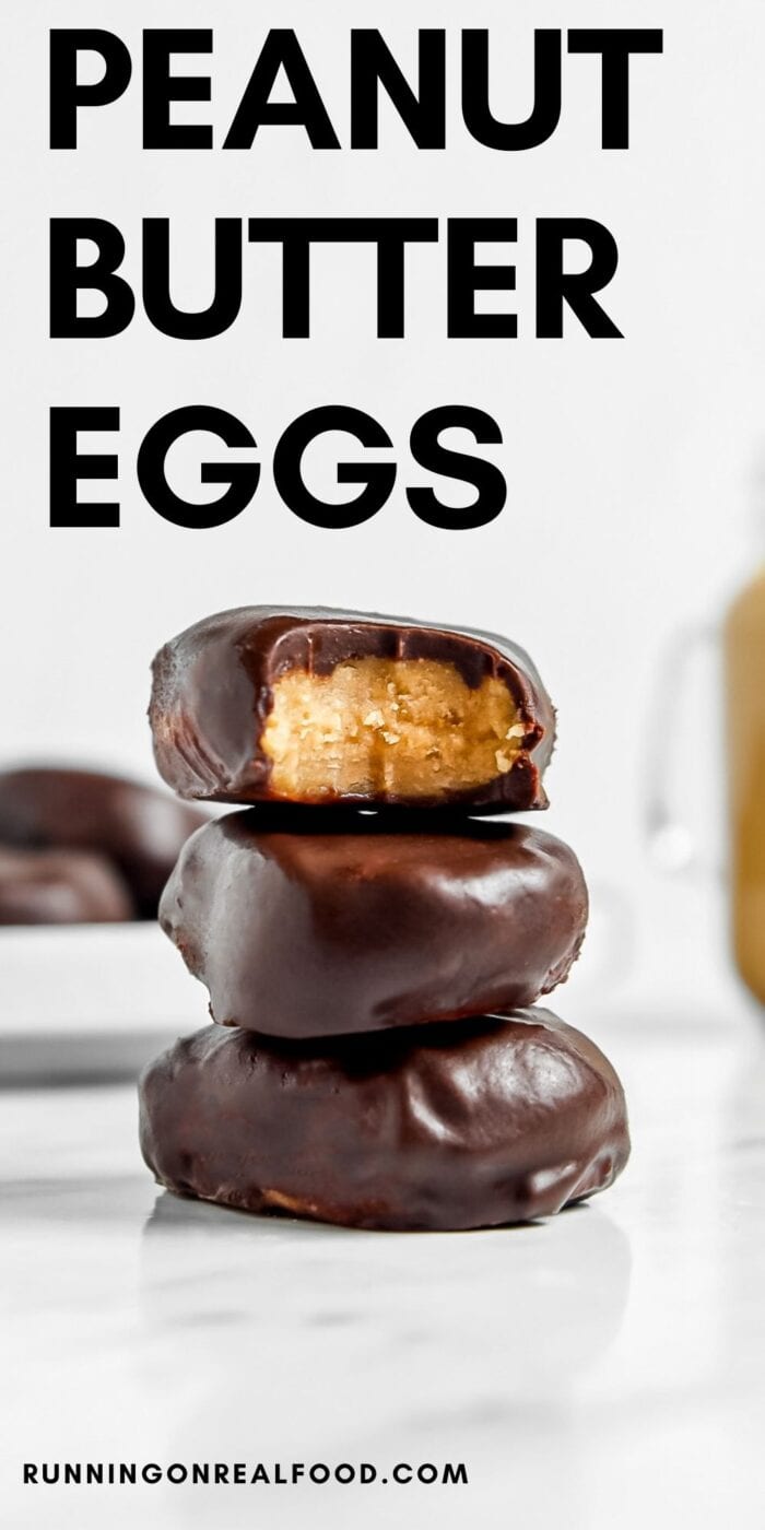 Pinterest graphic with an image and text for a vegan peanut butter egg recipe.
