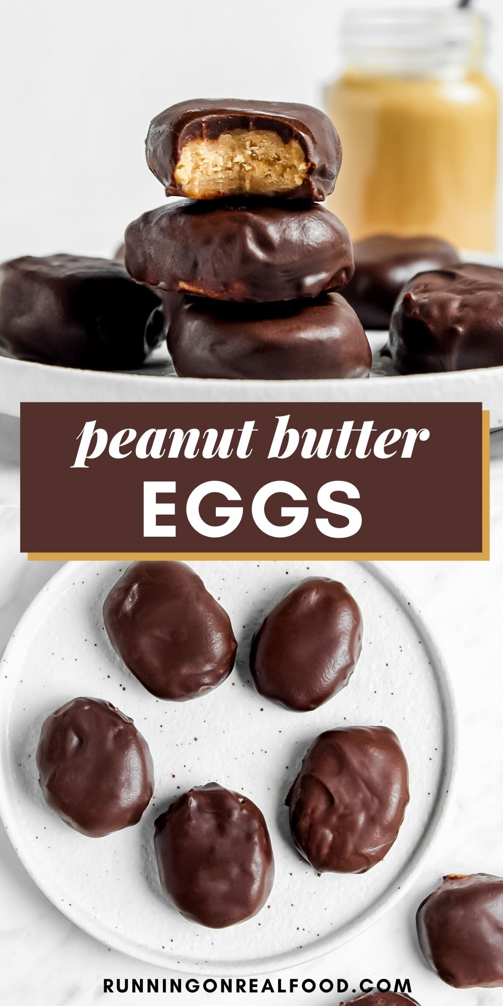 Pinterest graphic with an image and text for a vegan peanut butter egg recipe.