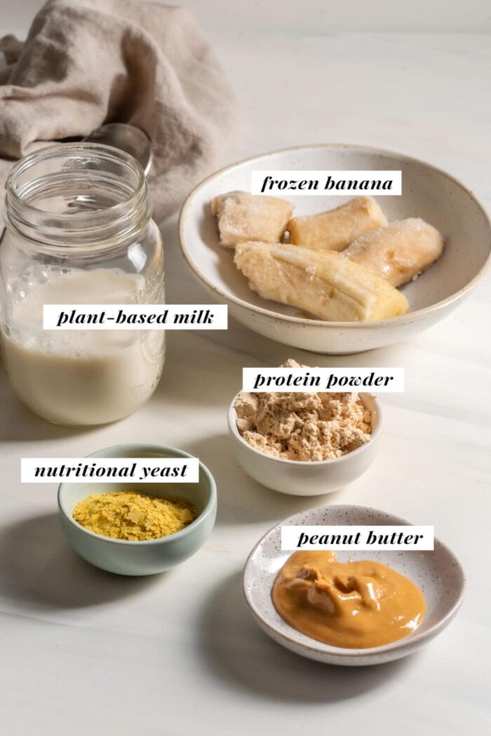 Visual of list of ingredients needed for making a peanut butter protein shake.