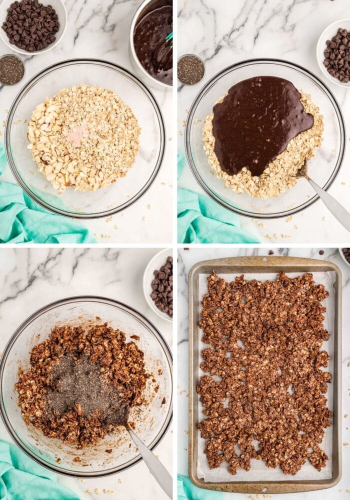 4 images showing the step by step process of preparing a chocolate granola recipe.