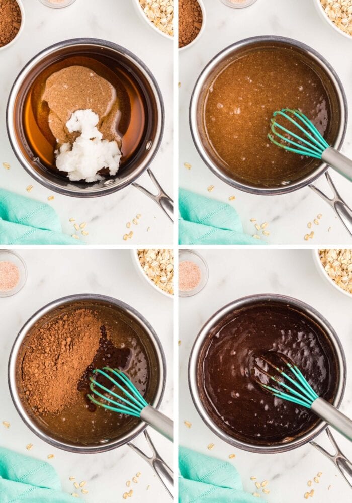 Visual of step by step process of preparing a chocolate granola recipe.