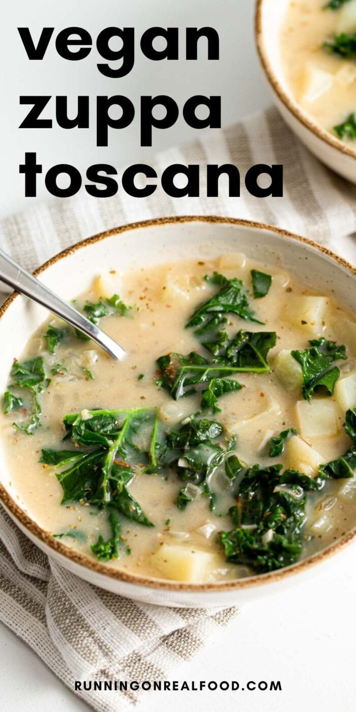 Pinterest graphic with an image and text for vegan zuppa toscana recipe.