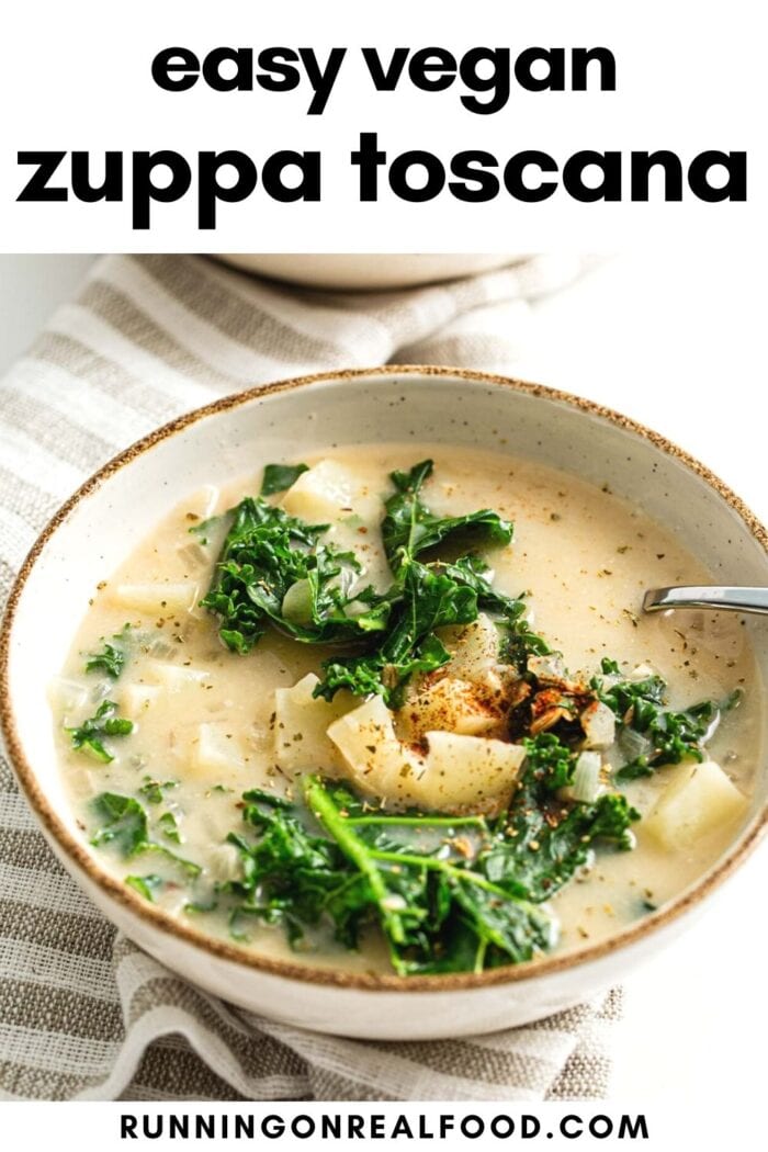 Pinterest graphic with an image and text for vegan zuppa toscana recipe.