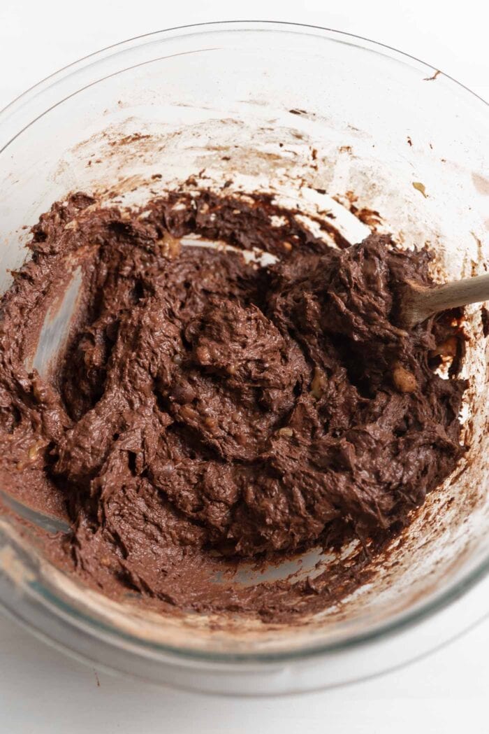 Thick chocolate batter in a mixing bowl.