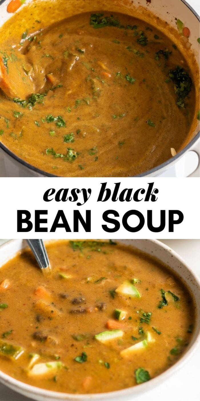 Pinterest graphic with an image and text for black bean soup.