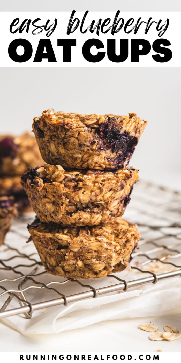Pinterest graphic with an image of blueberry oatmeal cups and text reading "easy blueberry oat cups".