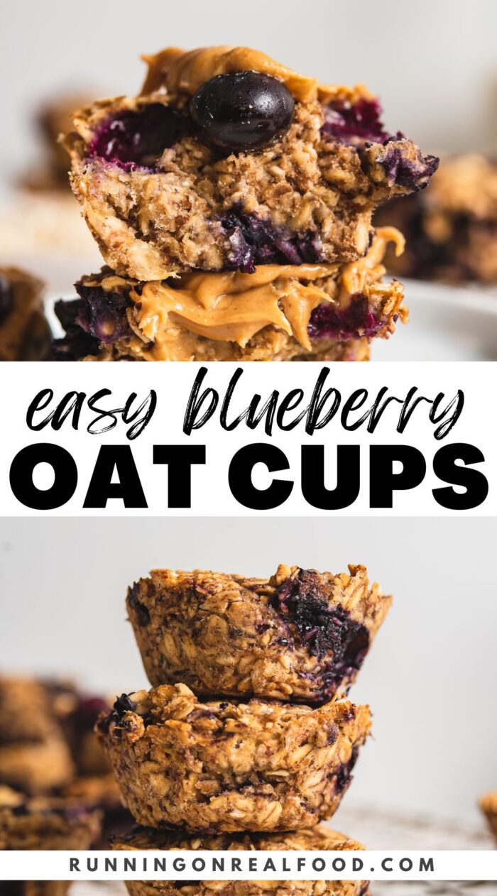 Pinterest graphic with an image of blueberry oatmeal cups and text reading "easy blueberry oat cups".
