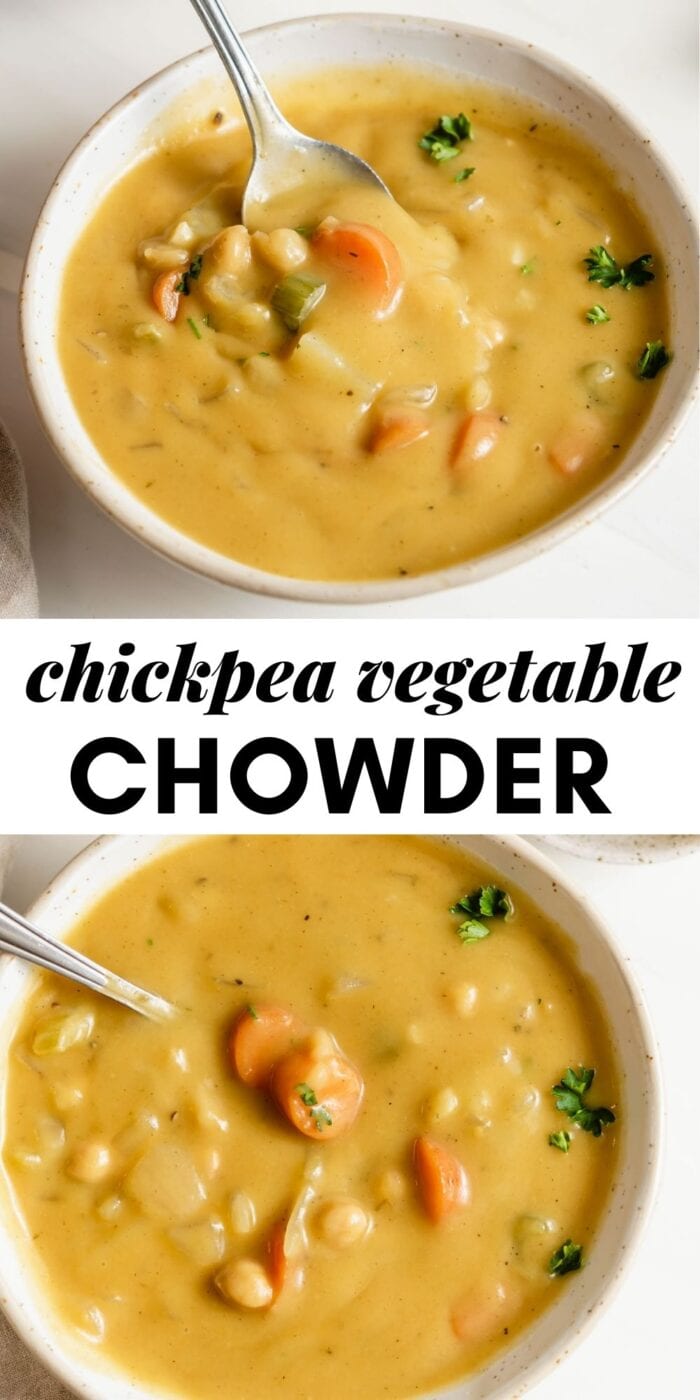 Pinterest graphic with an image and text for chickpea chowder.