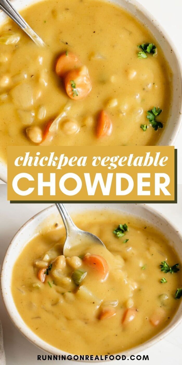 Pinterest graphic with an image and text for chickpea chowder.