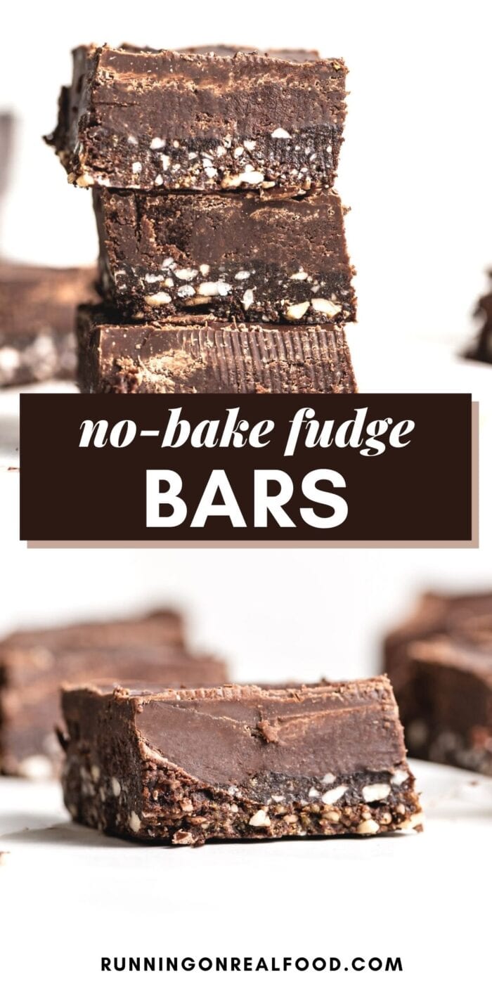 Pinterest graphic with an image and text for no-bake chocolate fudge bars.