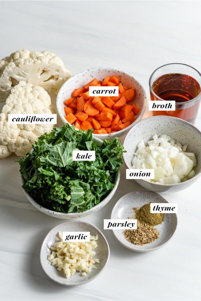 Visual of ingredients needed for making kale cauliflower soup.