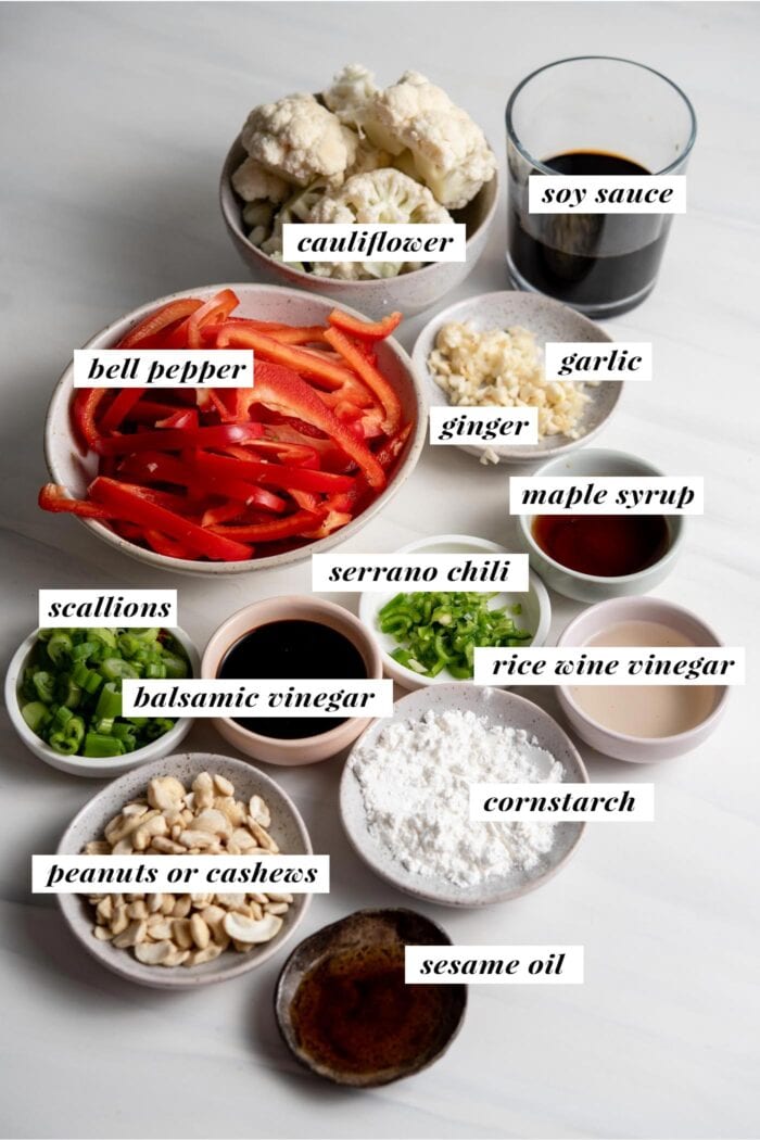 Visual list of ingredients for kung pao cauliflower. Each ingredient is labelled with text overlay.