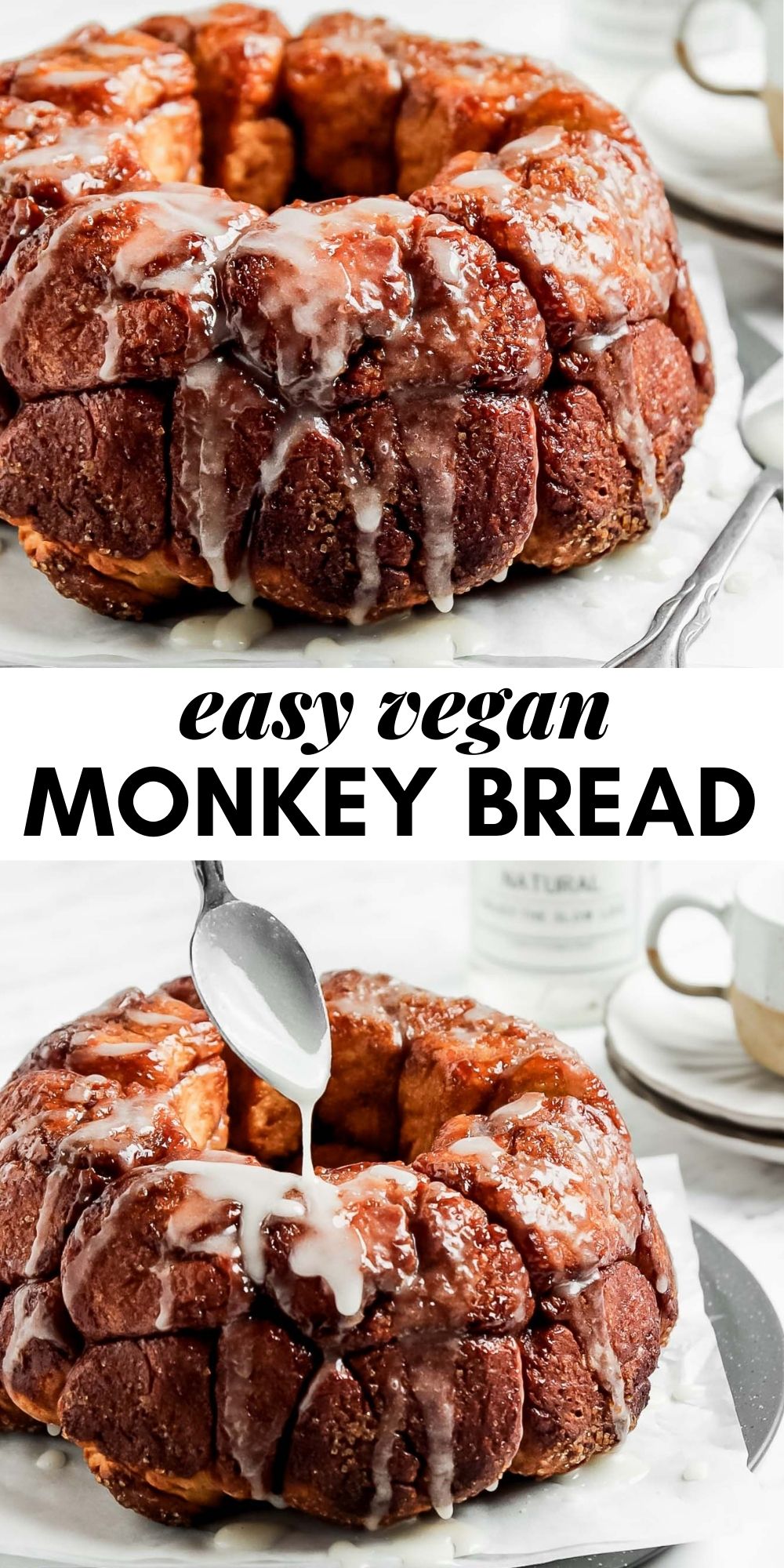 Pinterest graphic with an image and text for vegan monkey bread.