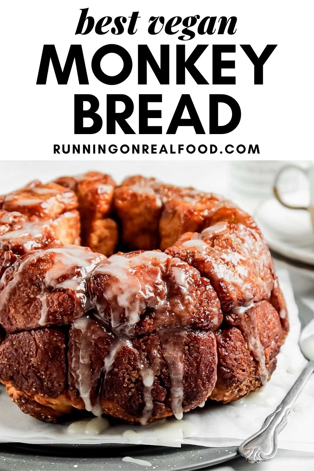 Pinterest graphic with an image and text for vegan monkey bread.