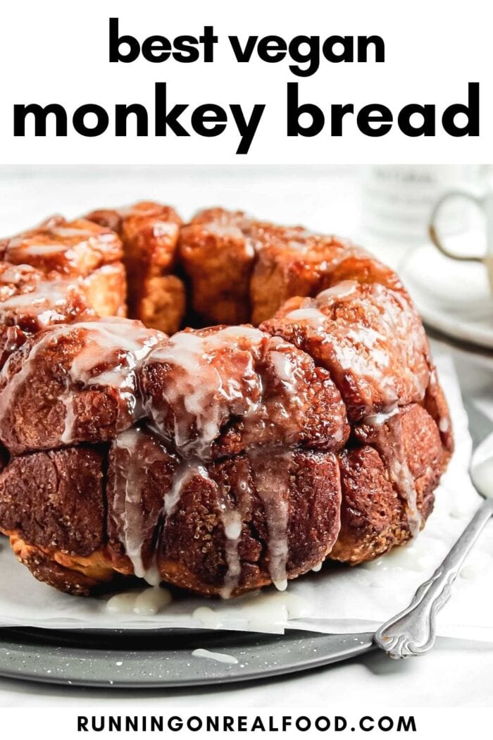 Pinterest graphic with an image and text for vegan monkey bread.