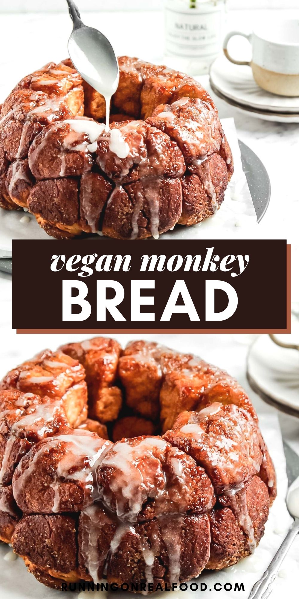 Pinterest graphic with an image and text for vegan monkey bread.