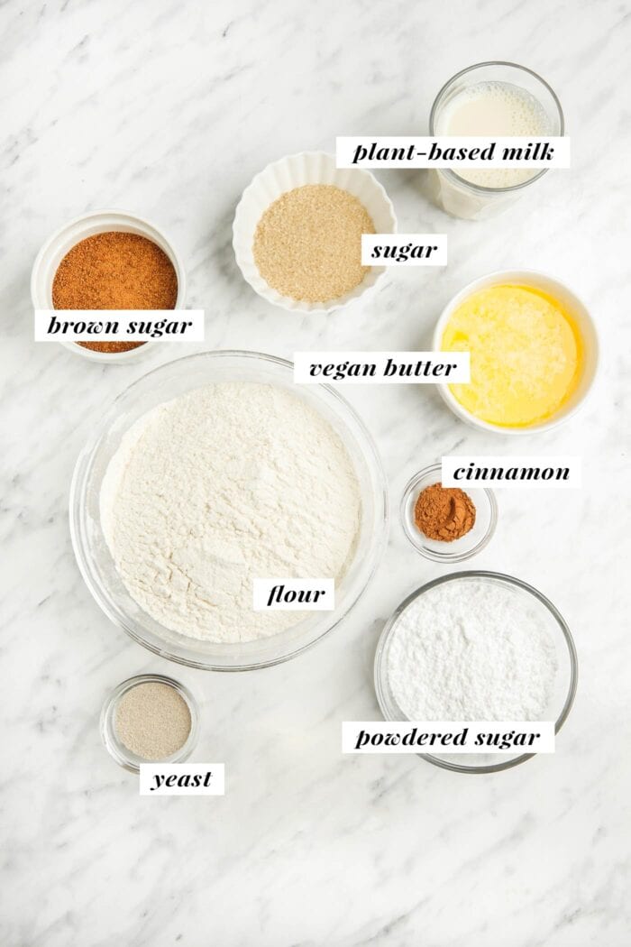 Visual of ingredients for making vegan monkey bread labelled with text overlay.