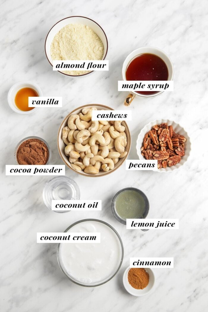 Visual of ingredients needed for making a chocolate no-bake cheesecake. Each ingredient is labelled with text.