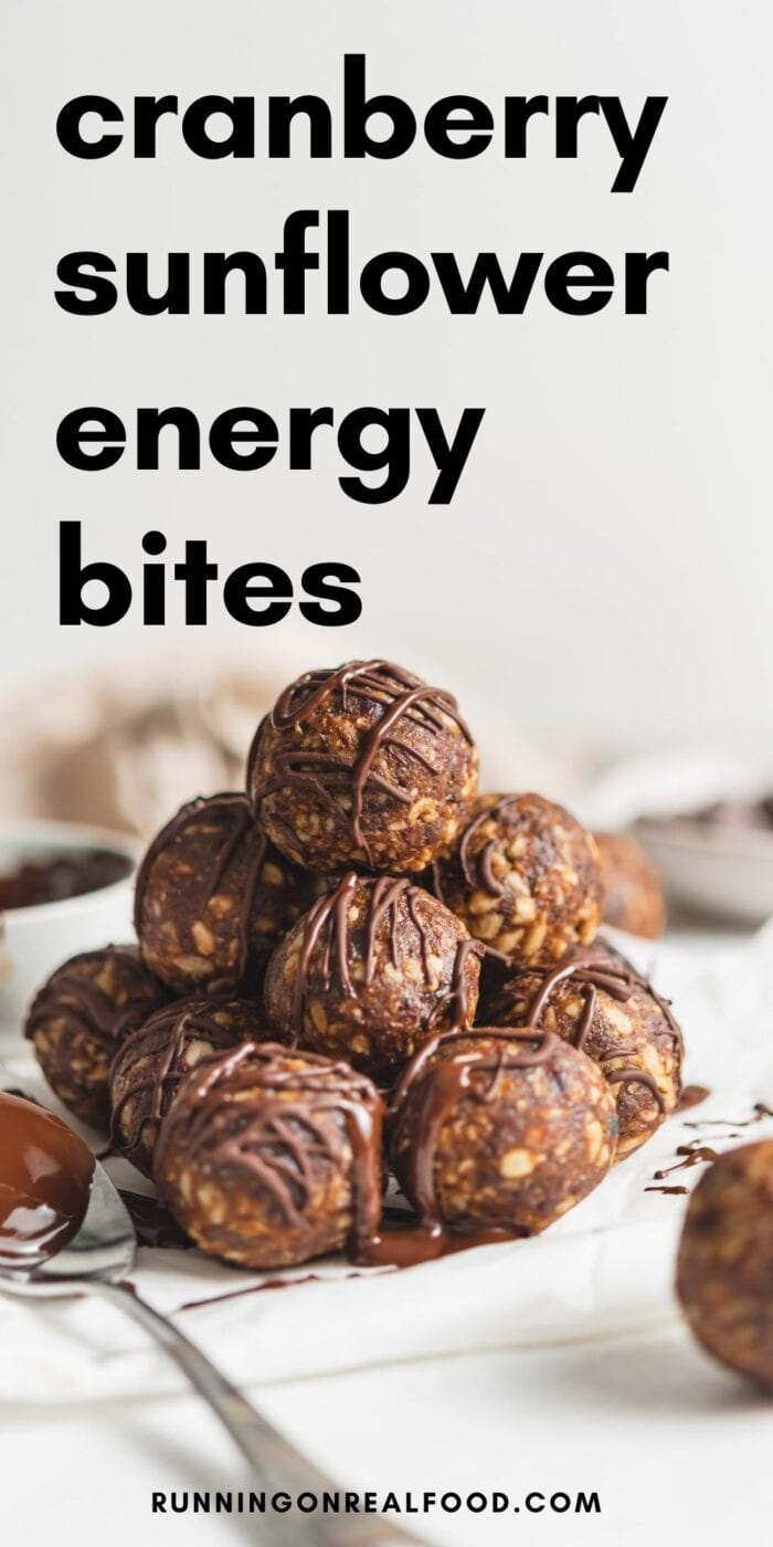 Pinterest graphic with an image and text for sunflower seed energy bites.